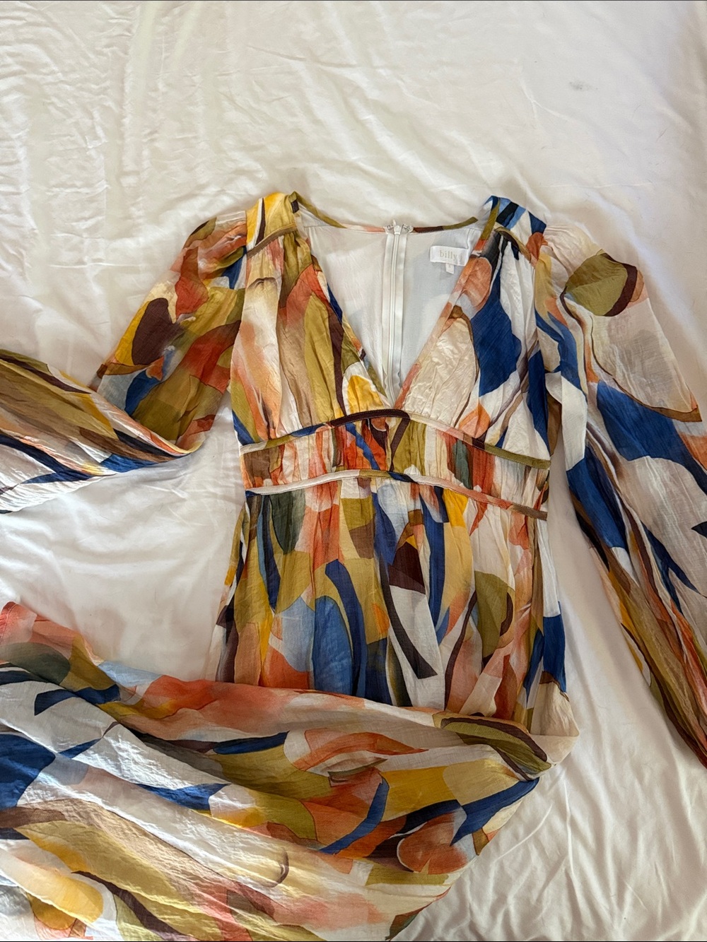 Sheer Abstract Print Long Sleeve Maxi Dress - Multicolor